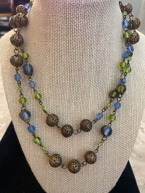 36” Vintage-Inspired Blue and Green Beaded Layered Necklace